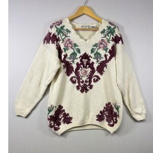 Vintage Chunky Knit Stratosphere Floral Sweater Womens Large Ramie Cotton Knit L